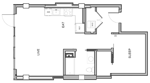 A floor plan of a house with labeled rooms such as "EAT", "LIVE", and "SLEEP".